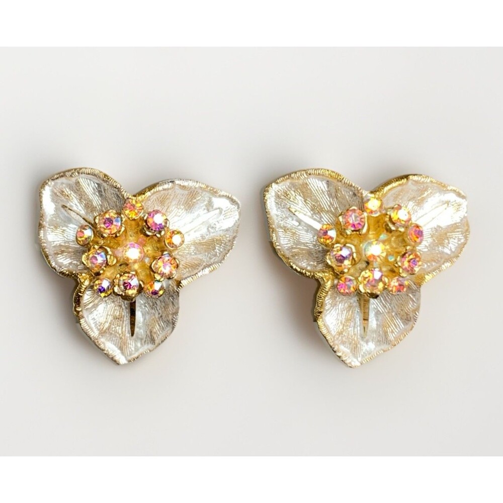 Vintage BSK AB Rhinestone Flower Clip On Earrings Gold Tone Enamel Floral